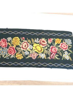 Vintage Floral Needlepoint Piano Bench Seat Cover Padded Cushion Green